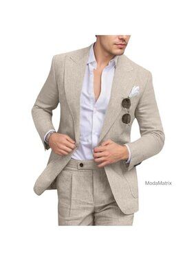 Men's Linen Suit 2 Piece Slim Fit Blazer & Pants Set
